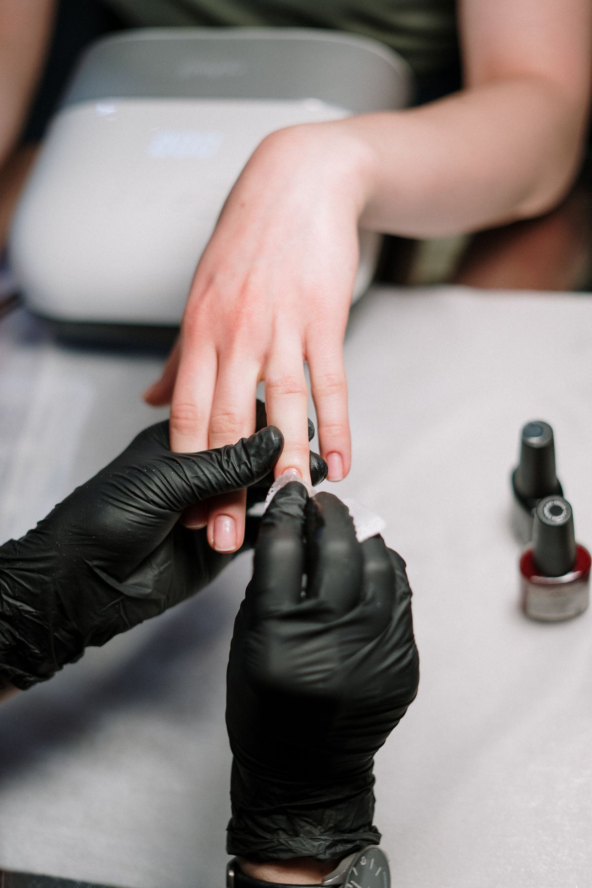Gel manicure in progress at London Nails Chicago